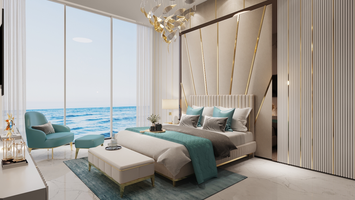 Lamborghini Casa furnished bedroom with floor-to-ceiling sea view