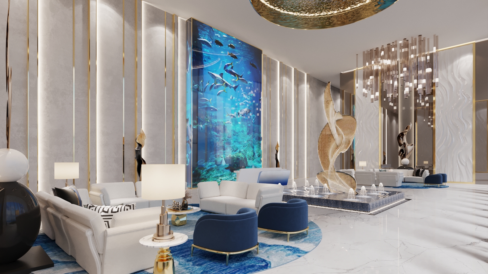 Luxury lobby lounge with live aquarium wall