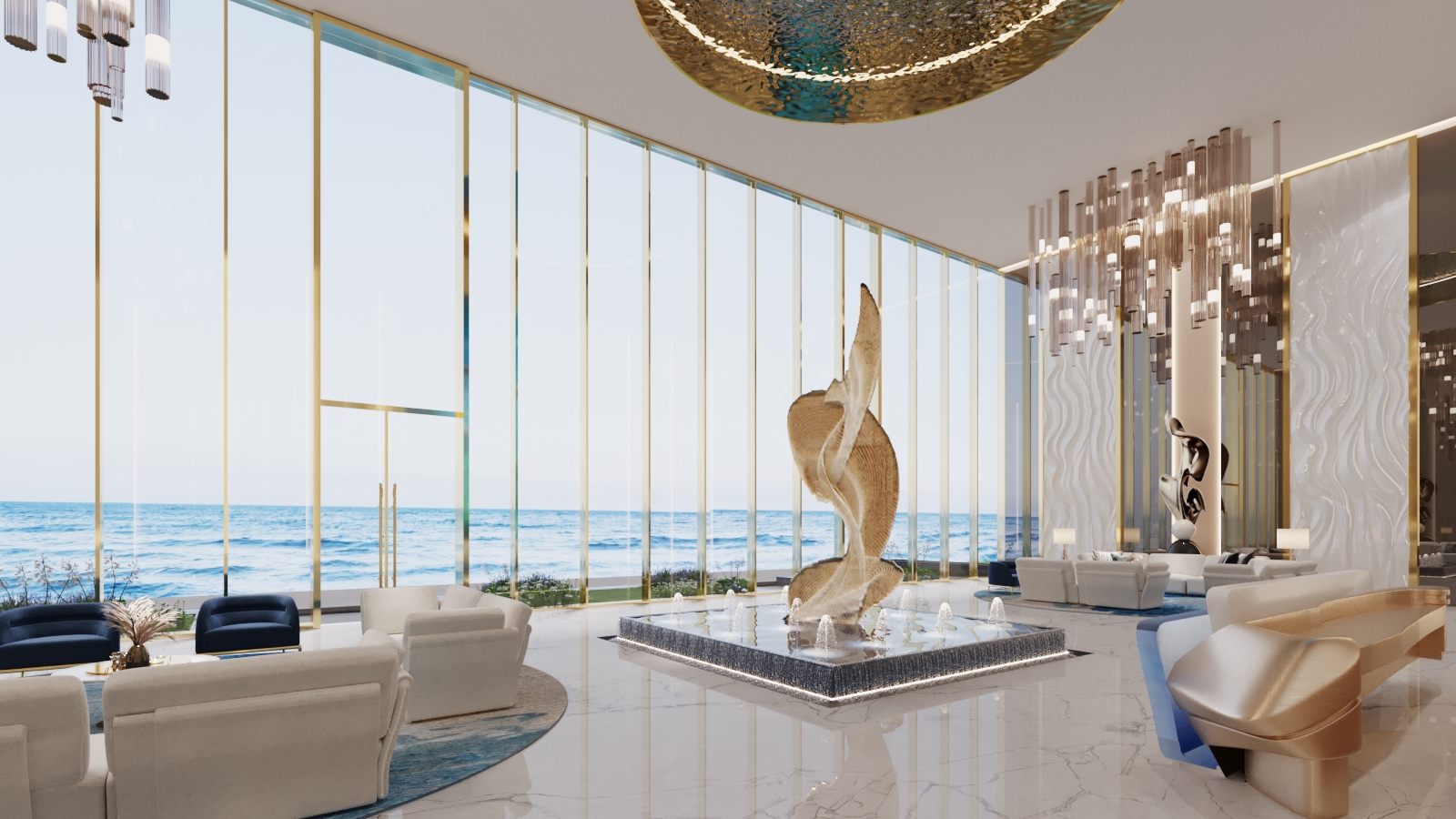 Grand lobby with gold sculpture and floor-to-ceiling glass