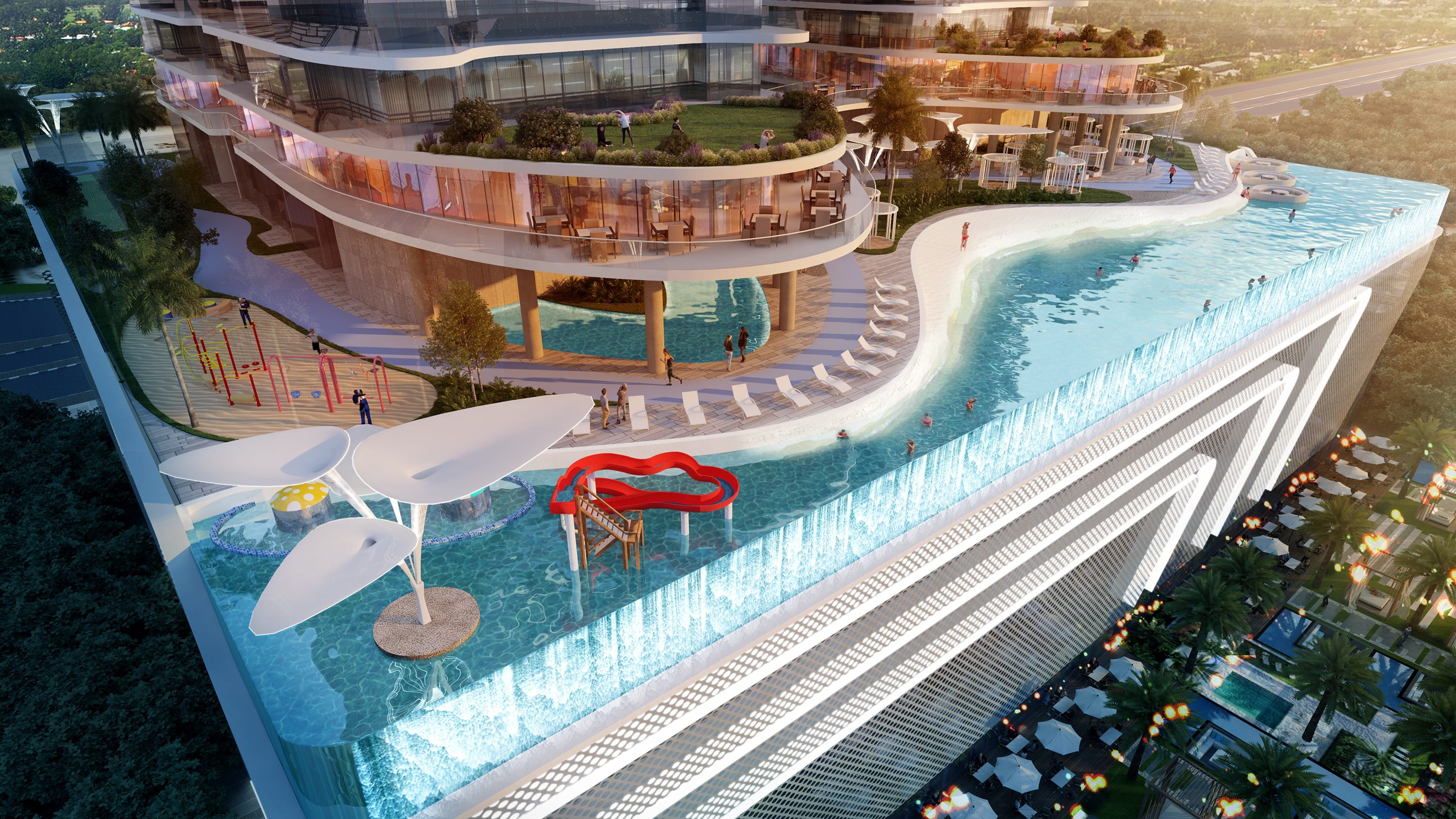 Rooftop infinity pool with cascading waterfall edge